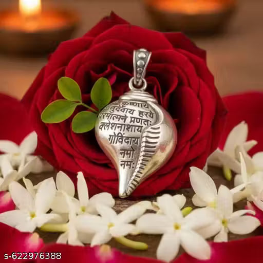 Antique Silver Conch Shell Pendant with Krishna Mantra Engraving | Hrs Jewels | Divine Spiritual Necklace