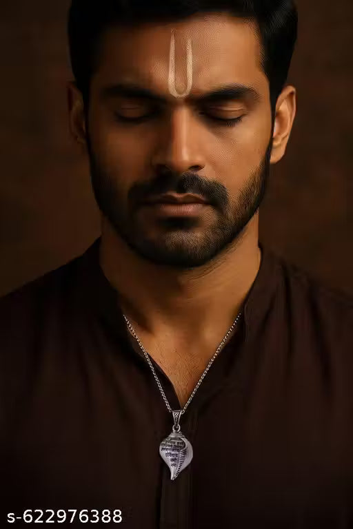 Antique Silver Conch Shell Pendant with Krishna Mantra Engraving | Hrs Jewels | Divine Spiritual Necklace