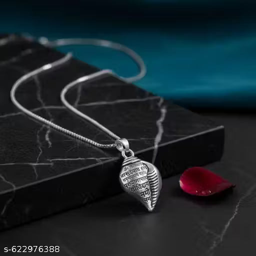 Antique Silver Conch Shell Pendant with Krishna Mantra Engraving | Hrs Jewels | Divine Spiritual Necklace